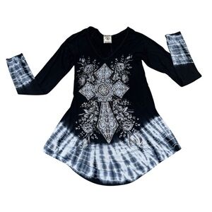 Vocal black & white long sleeved tunic top, bedazzled cross design, V neck, S.